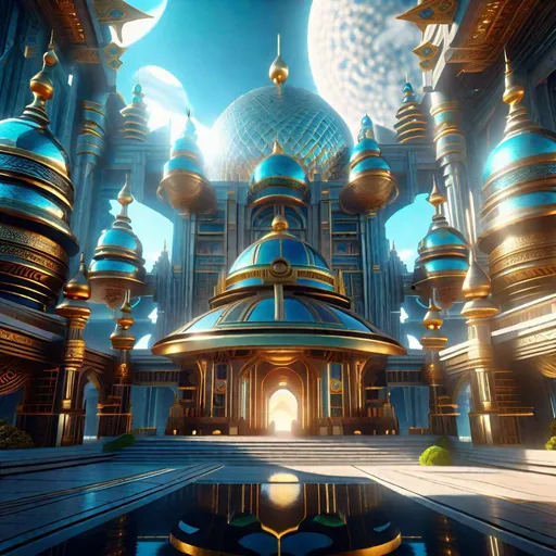 Prompt: Mystical Kingdom of Shambala, heaven inside the center of the Earth, dazzling hyperdetailed sci-fi religious temples, exquisite palaces, buildings, star ships, highest quality of details and design, intricately detailed background, digital art masterpiece, futuristic style of design, hyperrealistic, perfect image composition, Ultra HD 256K, Octane 3D, Unreal Engine 5, CryEngine, clarity, harmony, order, proportions.