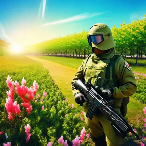 Prompt: blooming spring, fresh vegetation, sunshine. soldier wearing a gas mask. surrealism.