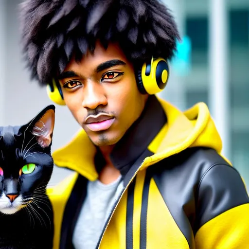 Prompt: Black skin, cat boy, neko, wearing a gray jacket, with yellow eyes, black hair, with red headphones around his neck, anime