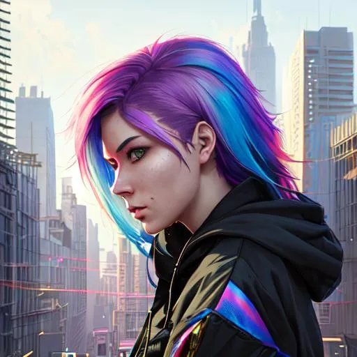 Prompt: Portrait of {a female hacker} with {rainbow} hair and with stunning face, {city}, perfect composition, hyperrealistic, super detailed, 8k, high quality, trending art, trending on artstation, sharp focus, studio photo, intricate details, highly detailed, by greg rutkowski