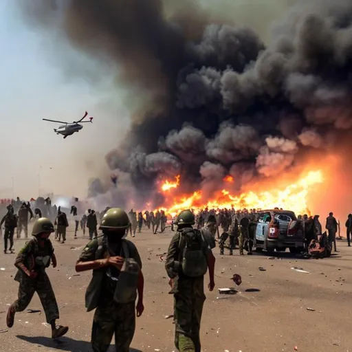 Prompt: airport outside on fire and people fleeing airplane falling and krashing to the ground heli passing by in the sky and soldiers reskuing people to their truks.
