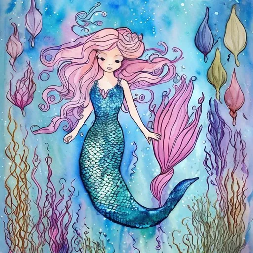 Prompt: One mermaid. Kids drawing style with watercolours finish. Pink and pastels. Glitters. Aquatic plants.