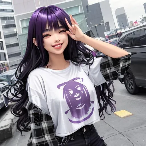 Prompt: girl, Korean, long wavy dark hair dyed purple on the ends of her hair, white tee shirt, black ripped jeans, grey and black flannel, smiling