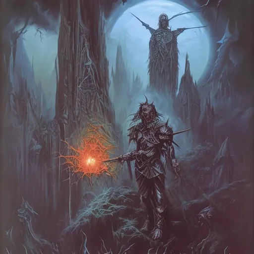 Prompt: 1980s dark fantasy cover art painting