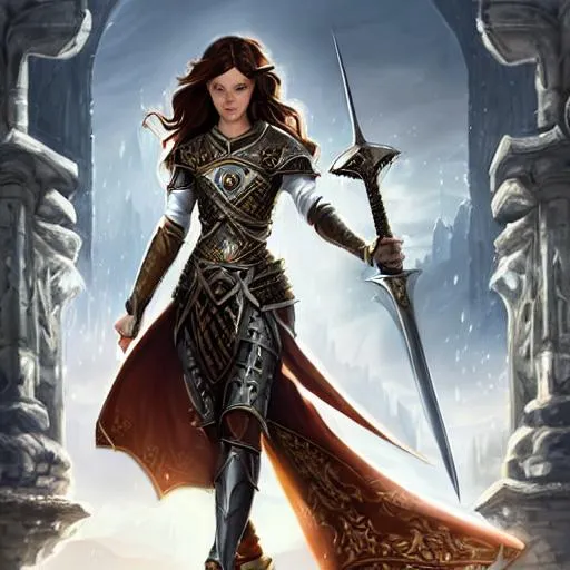 Prompt: Fantasy female carrying a light radiating sword, wearing intricate embossed metal armor with dark brown hair, brown eyes in medieval era city. Dungeons and Dragons, intricate, elegant, wistful, highly detailed, digital painting, artstation, centred, rule of thirds, concept art, matte, sharp focus, illustration, 