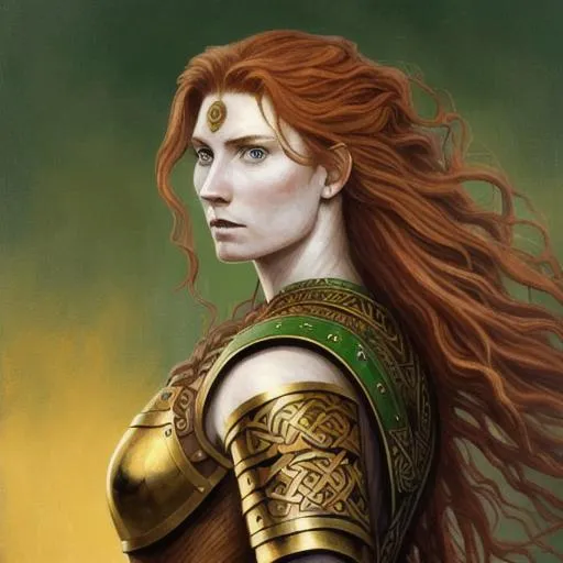 Prompt: Painting of a Celtic warrior queen with reddish-brown hair flowing down her back, green eyes, and wearing a golden torque