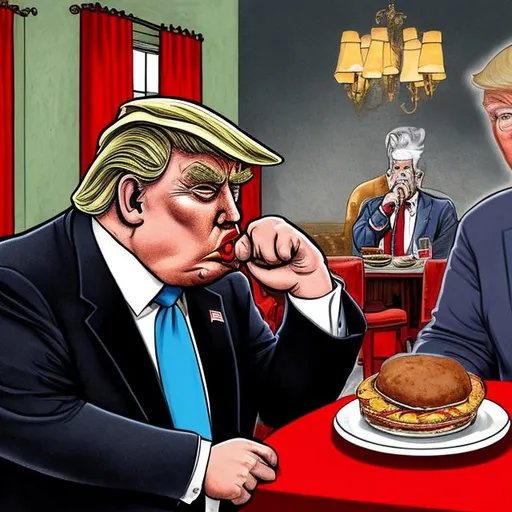 Prompt: Dark, dank and dim, smokey, Obese Trump at the dining table with mafia-friends, too long red tie, navy blue suit, old diner Scene, muted dark colors, Sergio Aragonés MAD Magazine cartoon style 