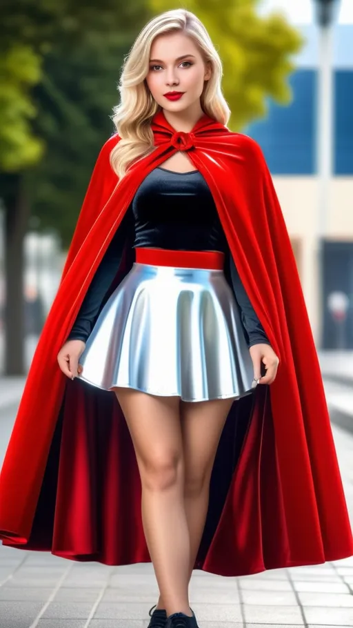 Prompt: Very pretty blonde girl wearing a Red velvet cape with glossy silver lining, glossy skater skirt , 8K , ultrarealistic ,HDR , highly detailed , full body shot
