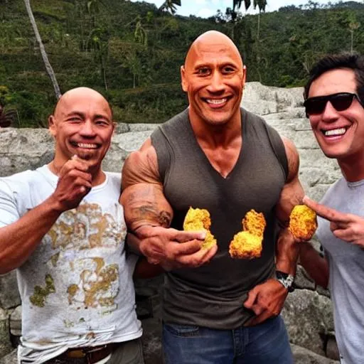Prompt: Dwayne The Rock Johnson in Guatapé Colombia, eating Buñuelo with two Colombian friends
