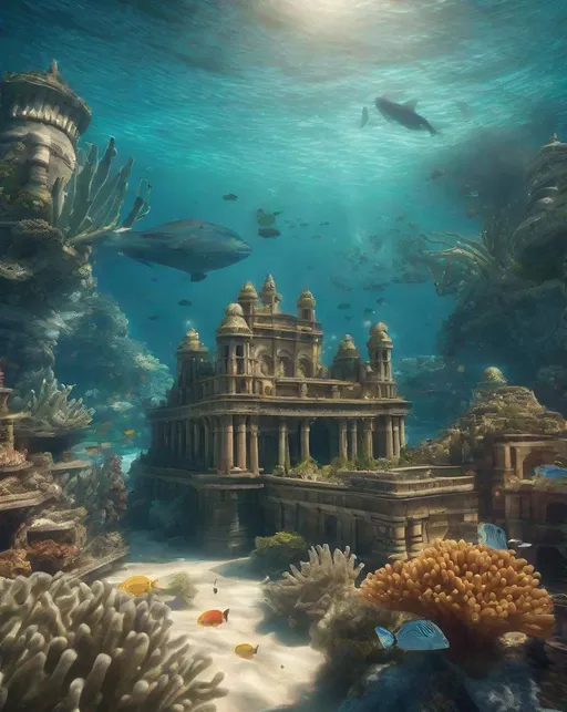 Prompt: A majestic underwater shot of the lost city of Atlantis nestled among tropical coral reefs, schools of fish swimming by.  ultra detailed, highly detailed scenario, photorealistic, intricate, masterpiece, UHD, HDR, symmetric, coherent, epic detail, stunning, beautiful, ,lumen render ,lumen path tracing ,path tracing light ,path tracing shadow ,path tracing special fx, 