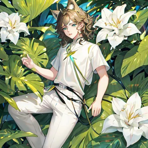 Prompt: Exotic plants on green planet. A young man that has wolf ears and a tail. Pale skin, diamond blue eyes, plump lips, toned body. HE HAS wavy BROWN hair which is SHORT. Wearing white t-shirt and pants. Facing to the left side. He holds white flowers. His eyes match beautifully, the same EXACT color.