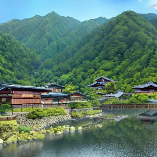 Prompt: Japanese village with mountains and surrounded by nature, rivers or sea, with animals