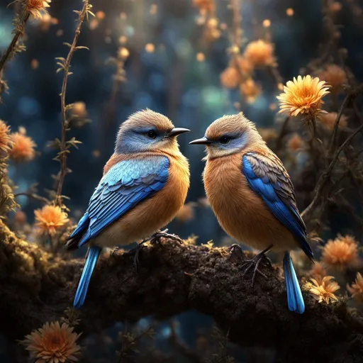 Prompt: Enchanted jeweled arboreal bluebirds in the Fairyland Forest, Enchanting, Chic Modernist, Furry, close-up, textured, Faded, game icon, brilliant colors, surrealism, golden hour sun lighting, Hyperrealistic textures, intricate details, architectural visualization, Corona render, 8k 