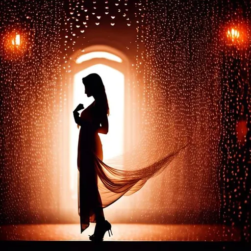 Prompt: Silhouette illustration of a woman 🗣️ long shawl. within a room with dark warm colors. Send with tiny  mark glowing. Cinematic lifestyle. Posing with elegance. Flying feathers with rain in window. Vibrant colorful background