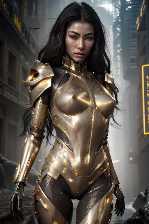 Prompt: splash art, hyper detailed, hyper realistic, highly detailed, dark, surreal heavy mist, floating at the edge of the Universe, on a dystopian alien planet, 

create a computer generated exquisite, beautiful, slender, ultra realistic young adult Asian hologram of a female Time Lord. Wearing highly detailed obsidian and gold armor,

Gorgeous detailed facial features, long legs, vibrant sumptuous, perfect body, ultra pale, visible midriff, heavy iron collar, 

Perfect studio lighting, perfect shading. HDR, UHD, high res, 64k, cinematic lighting, special effects, hd octane render, professional photograph, trending on artstation, .