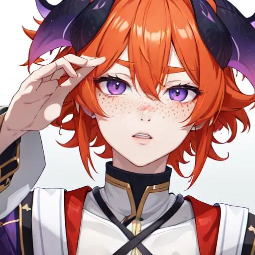 Prompt: Erikku male (short ginger hair, freckles, right eye blue left eye purple) UHD, 8K, Highly detailed, insane detail, best quality, high quality, casual outfit