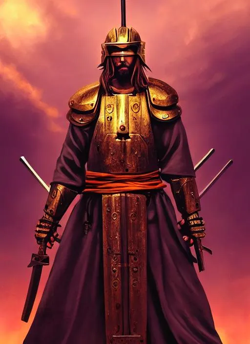 Prompt: Portrait of {characters} Jesus Christ, army of samurai saints, ninjas with {color} hair and eyes glow armored for battle drawn swords emitting divine power {background}, saints battle Satan's cyberpunk ninjas, perfect composition, hyperrealistic, super detailed, 8k, high quality, trending art, trending on artstation, sharp focus, panorama photo intricate details, highly detailed, by Michaelangelo 