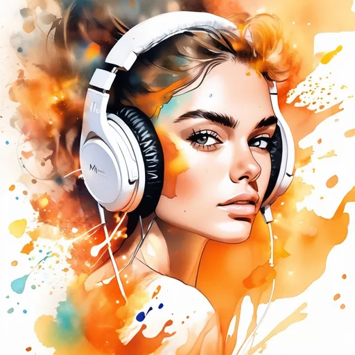 Prompt: Create a picture of a beautiful woman, close up of her face, soft feminine features, she is wearing headphones, you can see music exploding around her in the form of water colors, covering the page in different shades of orange and red