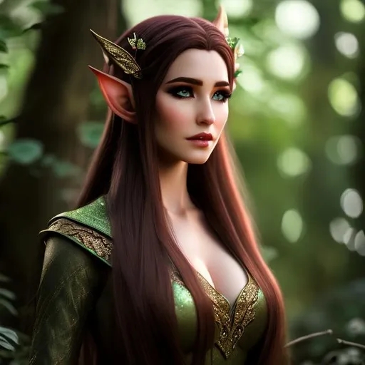 Prompt: D&d female elf, brown long hair, in the forest, highly detailed, professional, render, Sharp focus, HD, UHD, HDR, hyperrealistic 