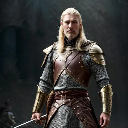 Prompt: fantasy, medieval, Tall man, slender, with pale yellow skin and brown eyes, and short blonde hair, With a chainmail and spear on his back, UHD, 8k, high quality, ultra quality, perfect composition, trending art, trending on artstation, sharp focus, studio photo, intricate details, cinematic lighting, special effects, hyper realism, hyper realistic, oil painting, Very detailed, full body, full view of character, portrait
