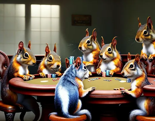 Prompt: "Squirrels playing Poker", a painting of dogs playing poker behind them, Hyper Detailed, intricate detail, Dim lighting, Unreal Engine, sharp focus, volumetric lighting, retro, Cassius Marcellus Coolidge, beautiful, dreamcore