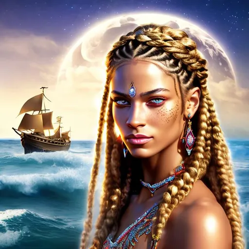 Prompt: HD 4k 3D 8k professional modeling photo hyper realistic beautiful warrior woman ethereal greek goddess of courage
yellow colored hair in braids hazel eyes gorgeous face brown skin freckles shimmering armor with gems jewelry laurel headpiece full body surrounded by magical glowing  light hd landscape background standing on boat with weapons ocean wind
