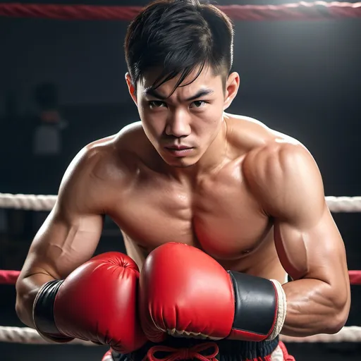 Prompt: high resolution, 4k, detailed, high quality, professional. Asian young face. Muscular Boxer with red boxing gloves being tied to a used sandbag.