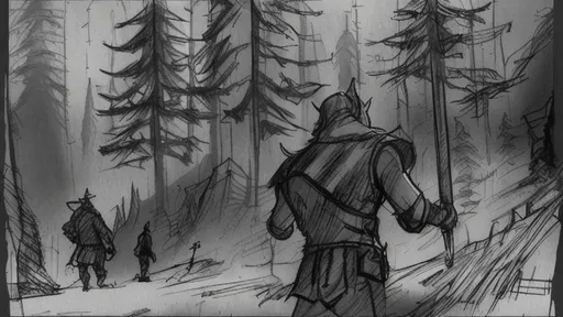 Prompt: bad sketch, sketch texture ,fast draw, concept art, pen, trending on ArtStation, quick drawing, scribble art, background woods, pencil sketch,  sketch, skyrim, tow men by Edward Ardizzone