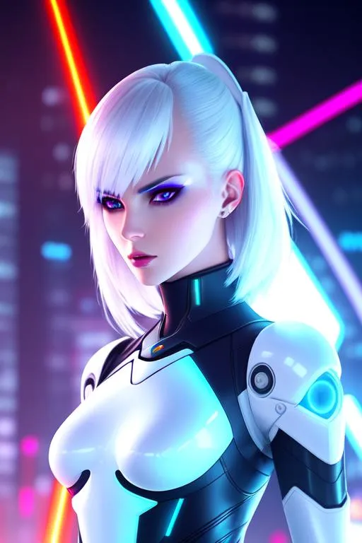 Prompt: white-skinned alien, cyberpunk android femme fatale, evil cyborg assassin, latex, light blue, orange, realism, neon background, lasers, electrons, villain, violence, energy beam, red, weapons, robots, tron, ghost in the shell, ex machina
