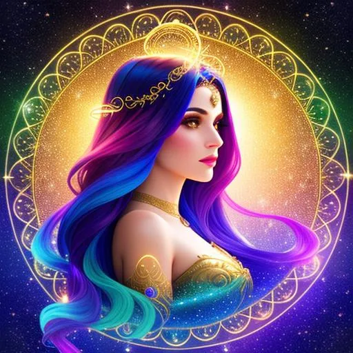 Prompt: A beautiful galaxy goddess, ((intricate long flowing multicolored hair)),  sparkles, 3D lighting, celestial, gold filigree halo, soft light, fantasy