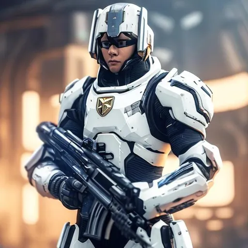 Prompt: Soldier wearing white and gold futuristic armor and with energy gun. 8k, hyperrealistic, sharp, futuristic, space.