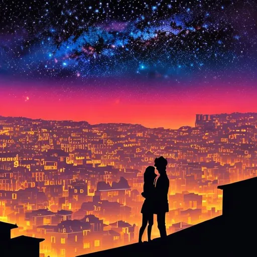 Prompt: illusion of looking down, 2 silhouettes hugging on a roof in the city at night with stars and shooting stars, dark sky, bright colors, digital art