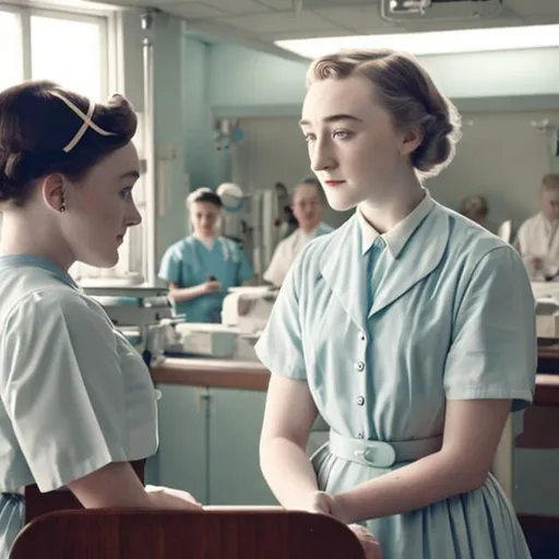 Prompt: Saoirse Ronan as a 1950s era nurse at a hospital treating patients.