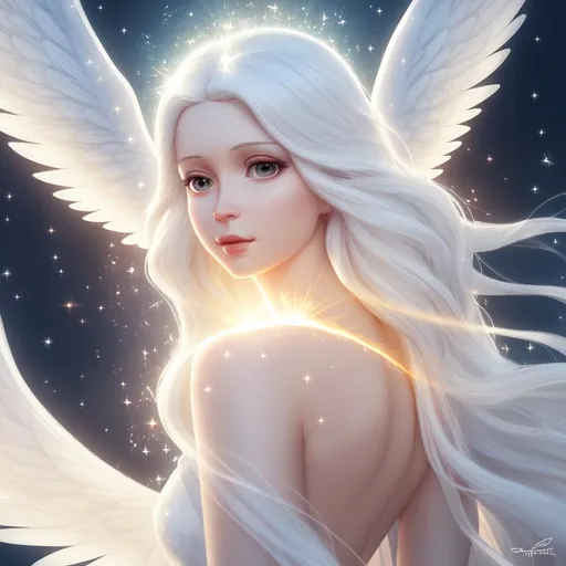 Prompt: bust of a beautiful angel in the style of Pixar with a long flowing gown and white hair, sunshine, two clear wings, light beams, sparkle, digital art, smooth lighting, fireflies, stars, backlit