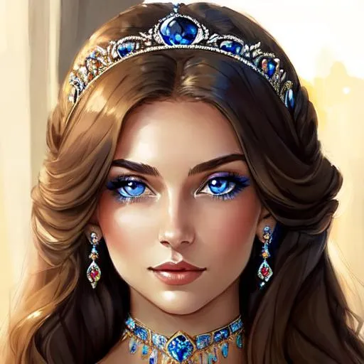 Prompt: young woman wearing a tiara and jewelry with sapphires, sapphire blue eyes, long brown hair