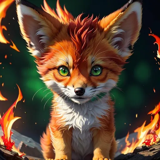 Prompt: (masterpiece, professional oil painting, epic digital art, 64k, best quality:1.5), insanely beautiful tiny scarlet ((fox kit)), (canine quadruped), fire elemental, silky golden-red fur, highly detailed fur, timid, ((insanely detailed alert emerald green eyes, sharp focus eyes)), sharp details, gorgeous 8k eyes, fluffy glistening gold neck ruff, energetic, two tails, (plump), fluffy chest, enchanted, magical, finely detailed fur, hyper detailed fur, (soft silky insanely detailed fur), presenting magical jewel, beaming sunlight, lying in flowery meadow, professional, symmetric, golden ratio, unreal engine, depth, volumetric lighting, rich oil medium, (brilliant dawn), full body focus, beautifully detailed background, cinematic, 64K, UHD, intricate detail, high quality, high detail, masterpiece, intricate facial detail, high quality, detailed face, intricate quality, intricate eye detail, highly detailed, high resolution scan, intricate detailed, highly detailed face, very detailed, high resolution