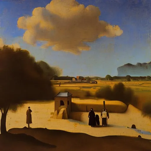 Prompt: landscape painting in the style of Johannes Vermeer