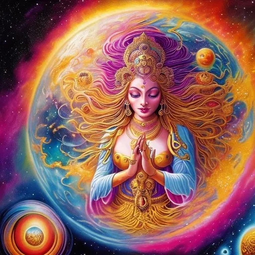 Prompt: (Master piece) a breath taking view of beautiful and gorgeous cosmic goddess creating planet earth while being surrounded by gold,pink and cosmic space dust beautiful multi colourful vibrant colours breath taking view (master piece)