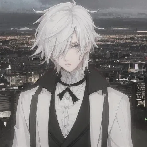 A white haired young anime boy, blindfolded, street