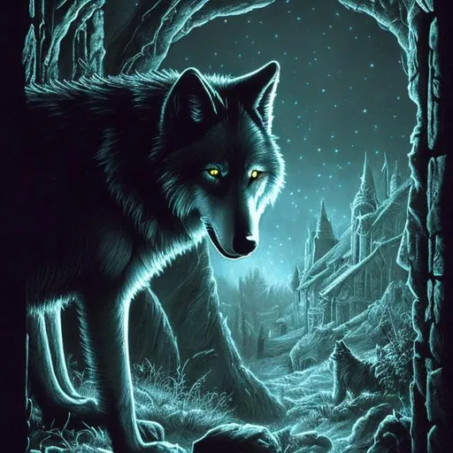 Prompt: Wolf looking through the window at home during darkness, style of Jeff Easley, Night vision 