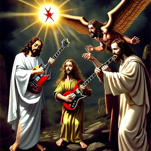 Prompt: jesus christ and satan having a guitar battle