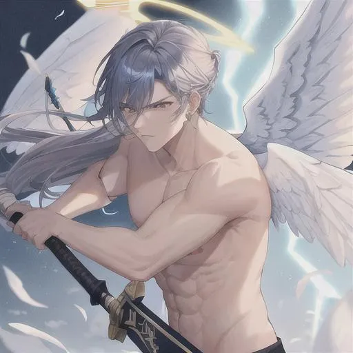 Prompt: 4k  on Tough looking male angel with wings and a halo (detailed face), wielding a holy sword, fighting
