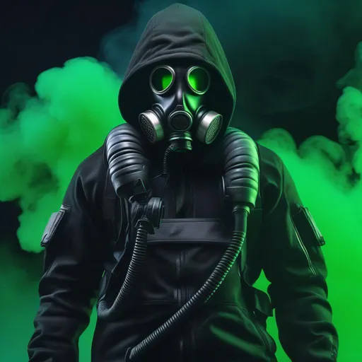 Prompt: Male agent with a gas mask, black and grey cyberpunk outfit with a hood, Surrounded by green smoke, Hyperrealistic, sharp focus, Professional, UHD, HDR, 8K, Render, electronic, dramatic, vivid, pressure, stress, nervous vibe, loud, tension, traumatic, dark, cataclysmic, violent, fighting, Epic