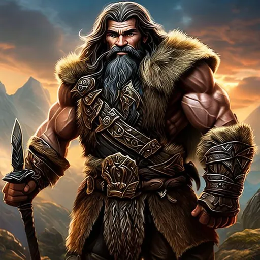 Prompt: Sure, here's a description of the masculine dwarf warrior's upper body:

With a torso hewn from solid muscle and veins coursing beneath rugged skin, the dwarf warrior's upper body tells tales of relentless toil and unyielding courage. Broad shoulders, honed from years of wielding a pickaxe and battling goblins, carry the weight of his people's hopes. Scars crisscross his chest, souvenirs from countless skirmishes, each one a testament to his unflinching determination.

His brawny arms, resembling sturdy tree trunks, boast sinewy sinews that ripple with every movement. Veins stand out prominently, pulsating with the fervor of a warrior who's stared down danger time and again. Calloused hands bear witness to a life spent digging deep into the earth, extracting precious minerals and forging a connection with the very heart of the land.

The dwarf's neck, thick and robust, supports a head crowned by a wild mane of fiery red hair, an echo of his fiery spirit. A beard, as coarse as the stones he's mined, cascades down his chest in braids, adorned with gleaming gemstones and trinkets, reminders of victories won and comrades lost.

His chest is a fortress, protected by a makeshift armor crafted from forged metal and battle-tested leather. Deep scars and weathered creases tell stories of close encounters, while his battle-worn breastplate bears the dent of a crushing blow narrowly escaped.

In the heat of battle, his upper body becomes a force of nature, a symphony of sweat, grit, and determination. Every sinew, every bulge, and every scar speaks of a dwarf who embodies the resilience of the mountains themselves, a guardian who mines the earth's secrets and battles evil with an unshakable resolve.