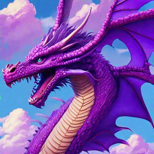 Prompt: A giant purple dragon flying in a blue sky