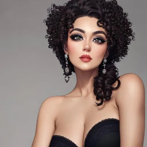 Prompt: An attractive 35 year old woman with very curly hair, elegant, large eyes, modern, stylish makeup