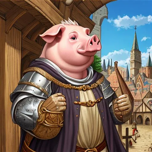 Prompt: Medieval anthropomorph pig, Medieval city background, realistic, ultra detailed