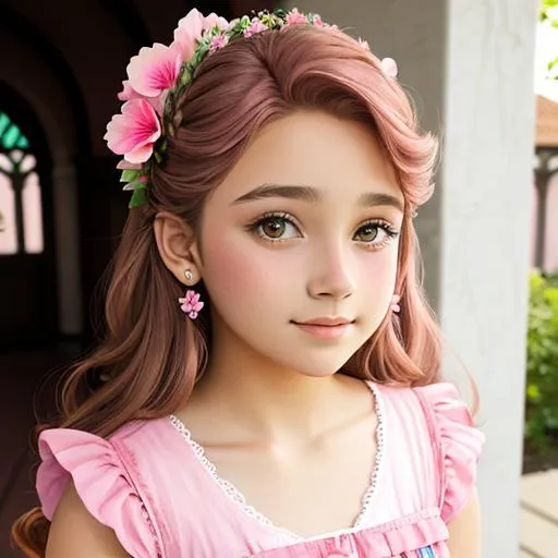 Prompt:  young princess wearing pink, light brown hair, pink flowers in her hair, facial closeup