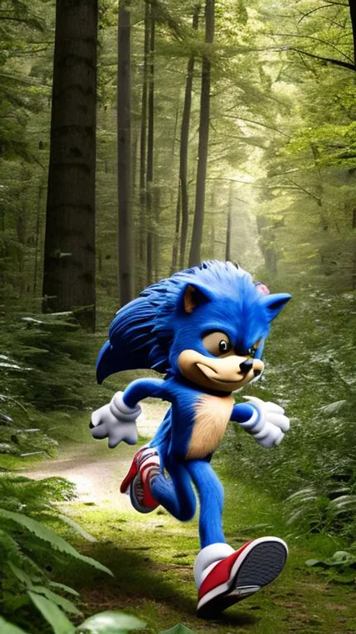 Prompt: Sonic the Hedgehog running through a forest with a determined expression on his face, surrounded by trees and foliage. 
Image Type: Photography
Artistic Style: Realistic 
Inspiration: Wildlife photography
Camera: Sony a7 III
Lens: 70-200mm f/4 G OSS
Shot Framing: Medium Shot
Background: Forest setting with tall trees and abundant foliage
Post-processing: Chromatic Aberration, HDR
Lighting: Natural light, with a slight golden hour glow
Color: Vivid colors, with a pop of blue for Sonic's fur
Render: Ray Tracing