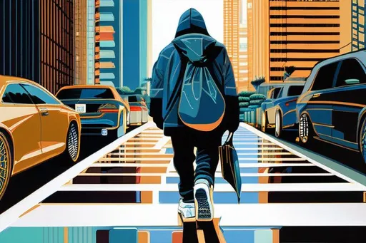 Prompt: man wearing yeezys with shopping bags walking on a roadway, highly detailed painting by Kilian Eng close up, golden ratio, strong composition 